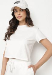 Biały T-shirt z Bawełny o Krótkim Kroju Galarina. Białe t-shirty Born2be, l, bez wzorów, z bawełny, casualowe, bez kołnierzyka, bez ramiączek. W wyprzedaży za 67.99 zł.