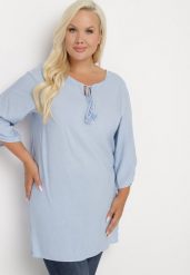 Jasnoniebieska Wiązana Tunika Ozdobiona Troczkami Eviras. Niebieskie tuniki Born2be, xl, z aplikacjami, z jeansu, eleganckie, bez kołnierzyka, bez ramiączek. Za 59.99 zł.