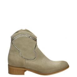 BEŻOWE KOWBOJKI ZE SKÓRY ZAMSZOWEJ AN7 CROSTA TAUPE. Brązowe botki Venezia, bez wzorów, ze skóry, bez obcasa, bez zapięcia. Za 339.00 zł.