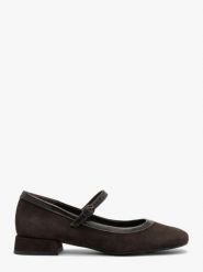 Ciemnobrązowe czółenka z paskiem. Brązowe czółenka Ryłko, bez wzorów, ze skóry, eleganckie, bez obcasa, na słupku, bez zapięcia. Za 399.99 zł.