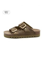 Teegu Skórzane klapki w kolorze khaki rozmiar: 40. Brązowe klapki teegu, bez wzorów, klasyczne, z otwartym noskiem, bez obcasa, bez zapięcia. Za 130.99 zł.