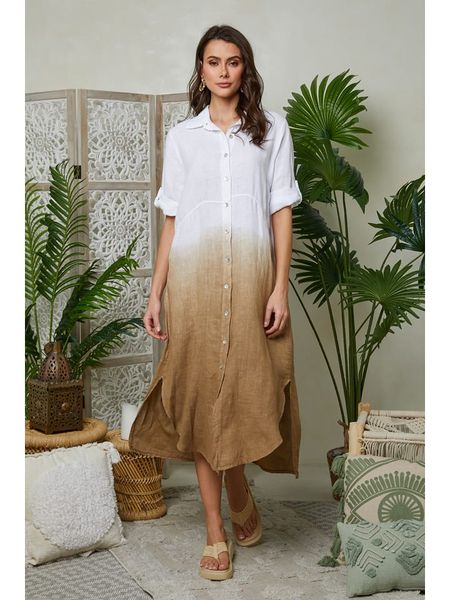 Le Monde du Lin Lniana sukienka w kolorze jasnobrązowym rozmiar: 40/42. Brązowe sukienki Le Monde du Lin, bez wzorów, ze lnu, klasyczne, bez kołnierzyka, bez ramiączek, maxi. Za 188.40 zł.