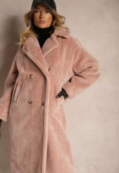 Ciemnoróżowy Dwurzędowy Płaszcz z Futerkiem Zelirra. Czerwone płaszcze Renee, l, bez wzorów, z dzianiny, eleganckie, bez kaptura. Za 119.99 zł.