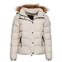 Damska krótka kurtka z kapturem i sztucznym futrem Superdry. Szare kurtki Superdry, l, z aplikacjami, z nylonu, klasyczne, z kapturem. Za 610.60 zł.