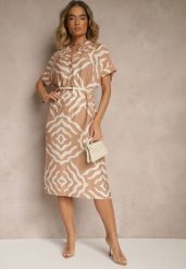 Beżowa Sukienka z Wiskozą Lnem i Geometrycznym Wzorem Sadelive. Brązowe sukienki Renee, na co dzień, l, bez wzorów, z wiskozy, eleganckie, bez kołnierzyka, bez ramiączek, midi. W wyprzedaży za 67.99 zł.