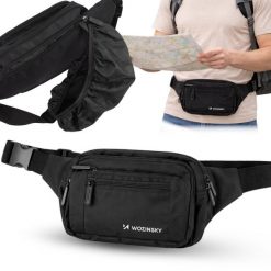 Saszetka nerka Wozinsky wodoodporna regulowana na pas ramię 6 kieszeni trekking. Czarne nerki i saszetki Wozinsky, bez wzorów, sportowe, bez dodatków. Za 59.99 zł.