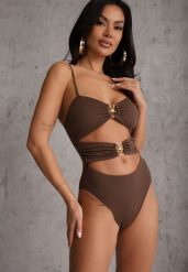 Brązowy Jednoczęściowy Strój Kąpielowy Na Cienkich Ramiączkach ze Złotymi Ozdobami i Wycięciami Nonanoe. Brązowe stroje jednoczęściowe Renee, bez wzorów, z jeansu, eleganckie. Za 109.99 zł.