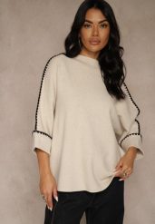 Beżowy Sweter Ozdobiony Lamówką na Rękawach Tusenna. Brązowe swetry Renee, bez wzorów, z jeansu, casualowe, bez ramiączek. Za 99.99 zł.