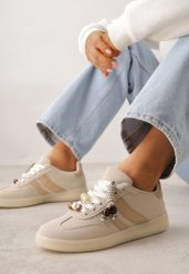 Beżowe Sneakersy Typu Tenisówki Ozdobione Koralikami Daemeli. Brązowe trampki Renee, bez wzorów, z jeansu, klasyczne, bez zapięcia. Za 99.99 zł.