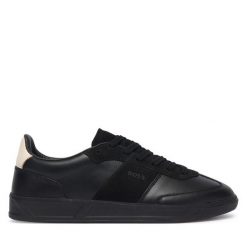 Sneakersy BOSS. Czarne botki Boss, bez wzorów, bez obcasa, na płaskiej podeszwie, bez zapięcia. Za 949.99 zł.