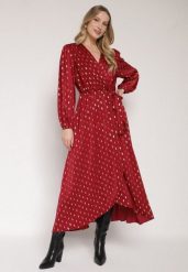 Bordowa Kopertowa Sukienka z Wiązaniem w Pasie i Metalicznym Nadrukiem Reisana. Czerwone sukienki Born2be, na co dzień, l, z aplikacjami, eleganckie, bez kołnierzyka, bez ramiączek, kopertowe. Za 159.99 zł.