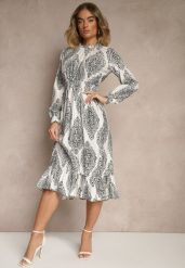 Biała Rozkloszowana Sukienka w Etniczny Print z Gumką w Talii i Falbanką Napirea. Białe sukienki Renee, na co dzień, m, bez wzorów, eleganckie, bez kołnierzyka, bez ramiączek, midi, rozkloszowane. W wyprzedaży za 83.99 zł.