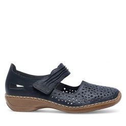 Półbuty Rieker. Niebieskie półbuty wsuwane Rieker, bez wzorów, bez obcasa, na płaskiej podeszwie. Za 299.99 zł.