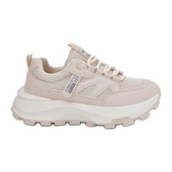 Evento Buty Sportowe Sneakersy Damskie Na Grubej Podeszwie Beżowe beżowy. Brązowe buty treningowe bez wzorów, ze skóry, bez zapięcia, na fitness i siłownię. Za 160.24 zł.