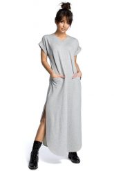 Długa komfortowa sukienka z rozcięciami. Brązowe sukienki Sukienki.shop, na co dzień, l, bez wzorów, z bawełny, eleganckie, bez kołnierzyka, bez ramiączek, maxi. Za 139.00 zł.