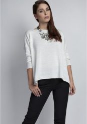 Gładki Sweter Oversize z Połyskującą Nitką - Ecru. Brązowe swetry MKM, l, bez wzorów, z materiału, bez ramiączek. Za 149.90 zł.