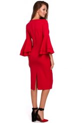 Sukienka na wesele elegancka midi z bufiastymi rękawami czerwona. Czerwone sukienki Makover, na wesele, m, bez wzorów, eleganckie, bez kołnierzyka, bez ramiączek, midi, dopasowane. Za 289.00 zł.