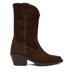 Kowbojki Badura. Brązowe botki Badura, bez wzorów, bez obcasa, na słupku, bez zapięcia. Za 289.99 zł.