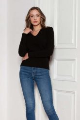 Sweter w Serek z Dzianiny w Prążek - Czarny. Czarne swetry Lanti, l, bez wzorów, z dzianiny, bez ramiączek. Za 229.90 zł.