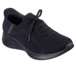 Buty sportowe Sneakersy damskie, Slip-Ins Ultra Flex 3.0 - Brilliant. Czarne buty treningowe Skechers, bez wzorów, z materiału, przed kostkę, bez zapięcia, trekkingowe. Za 349.99 zł.