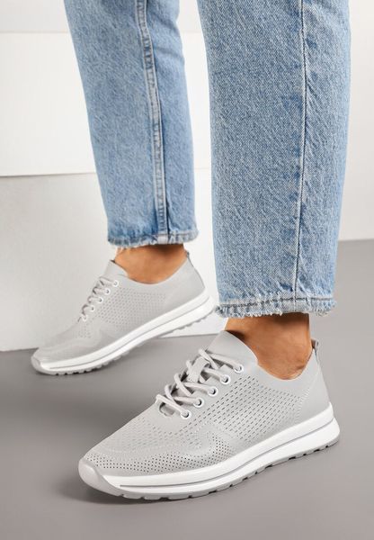 Szare Skórzane Buty Sportowe na Płaskiej Podeszwie ze Skórzaną Wkładką Ozdobione Perforacją Falali. Szare buty sportowe lifestyle Renee, z aplikacjami, z jeansu, eleganckie, bez zapięcia. Za 149.99 zł.
