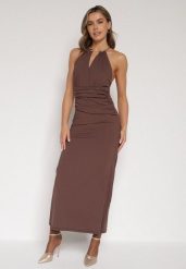 Brązowa Sukienka Koktajlowa z Dekoltem Halter i Odkrytymi Plecami Sewrina. Brązowe sukienki Born2be, na wesele, m, bez wzorów, z jedwabiu, eleganckie, bez kołnierzyka, bez ramiączek, maxi. Za 129.99 zł.