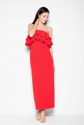 Czerwona Sukienka Długa Elegancka z Falbankami. Czerwone sukienki Venaton, l, bez wzorów, z elastanu, eleganckie, bez kołnierzyka, bez ramiączek, maxi. Za 299.00 zł.