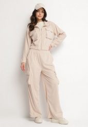 Jasnobeżowy Komplet Dresowy w Stylu Cargo Bluza ze Stójką i Szerokie Spodnie Arritarra. Brązowe bluzy Born2be, m, bez wzorów, z dresówki, bez kaptura. W wyprzedaży za 76.49 zł.