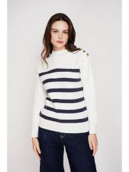 C& Jo Sweter w kolorze biało-granatowym rozmiar: 40. Białe swetry C& Jo, bez wzorów, ze splotem, klasyczne, bez ramiączek. Za 121.99 zł.