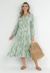 Jasnozielona Sukienka Oversize z Falbaną na Dole i Ornamentalnym Wzorem Amycia. Zielone sukienki Born2be, m, z aplikacjami, retro, bez kołnierzyka, bez ramiączek, midi, oversize. W wyprzedaży za 118.99 zł.