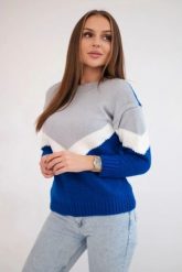 Sweter w geometryczne wzory szary+chabrowy. Niebieskie swetry KESI, na zimę, l, bez wzorów, z wełny, klasyczne, plus size, bez ramiączek. Za 158.92 zł.