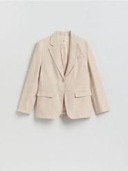 Lniana marynarka - beżowy. Brązowe marynarki i żakiety Reserved, l, bez wzorów, z tkaniny, bez ramiączek. Za 399.99 zł.