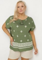 Ciemnozielona Bluzka ze Wzorem w Stylu Boho Frolzedi. Zielone bluzki Born2be, xl, bez wzorów, z jeansu, boho, bez kołnierzyka, bez ramiączek. Za 69.99 zł.