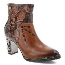 Botki damskie Laura Vita, skórzane bogato zdobione na słupku z noskiem w szpic i na zamek, camel, Ledao-43. Brązowe botki LAURA VITA, z aplikacjami, ze skóry, eleganckie, bez obcasa, na obcasie, bez zapięcia. Za 429.00 zł.