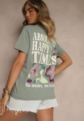 Ciemnozielony T-shirt z Bawełny o Kroju Oversize Fillinea. Zielone t-shirty Renee, m, z aplikacjami, z bawełny, klasyczne, bez kołnierzyka, bez ramiączek. W wyprzedaży za 51.99 zł.