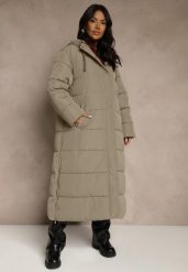 Zielona Długa Kurtka Zimowa z Pikowanymi Przeszyciami Kapturem i Suwakami Mevanesa. Brązowe kurtki Renee, na zimę, plus size, bez wzorów, z jeansu, eleganckie. Za 279.99 zł.
