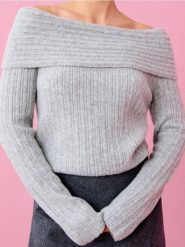 Sweter z odkrytymi ramionami i domieszką wełny - szary. Szare swetry Sinsay, l, bez wzorów, z wełny, bez ramiączek. Za 59.99 zł.