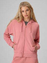 4F Bluza dresowa relaxed z kapturem damska - łososiowa S. Brązowe bluzy 4f, s, bez wzorów, z dresówki, z kapturem. Za 169.99 zł.