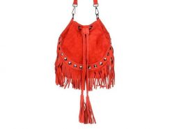 Worek skórzany czerwony z frędzlami X39. Czerwone torebki klasyczne bez wzorów, ze skóry, bez dodatków. Za 192.40 zł.
