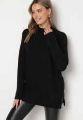 Czarny Sweter z Półgolfem z Prążkowanej Dzianiny z Wycięciami po Bokach Rerivra. Czarne swetry Born2be, uniwersalny, bez wzorów, z dzianiny, eleganckie, bez ramiączek. W wyprzedaży za 76.49 zł.
