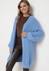 Niebieski Długi Sweter Niezapinany z Ozdobnym Dekoltem V Jovilia. Niebieskie swetry Born2be, bez wzorów, bez ramiączek. Za 69.99 zł.