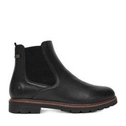 Botki Remonte. Czarne botki Remonte, bez wzorów, bez obcasa, na płaskiej podeszwie, bez zapięcia. Za 399.99 zł.