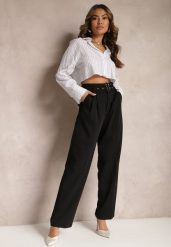 Czarne Spodnie High Waist w Stylu Garniturowym z Paskami i Klamerkami Daklena. Czarne jeansy Renee, l, bez wzorów, z jeansu, eleganckie, z podwyższonym stanem. W wyprzedaży za 89.99 zł.