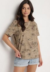 Ciemnobeżowy T-shirt Bawełniany w Print w Motylki Tenorea. Brązowe t-shirty Born2be, m, bez wzorów, z bawełny, klasyczne, bez kołnierzyka, bez ramiączek. Za 49.99 zł.