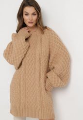 Beżowy Sweter o Wydłużonym Fasonie z Modnym Splotem Ahexa. Brązowe swetry Born2be, bez wzorów, ze splotem, bez ramiączek. W wyprzedaży za 135.99 zł.
