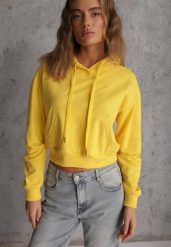 Żółta Bluza z Kapturem i Bawełną Ozdobiona Ściągaczami Evianae. Żółte bluzy Renee, l, bez wzorów, z bawełny, z kapturem, trekkingowe. Za 34.99 zł.