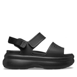 Sandały Crocs. Czarne sandały Crocs, bez wzorów, bez obcasa, na płaskiej podeszwie, bez zapięcia. Za 249.99 zł.
