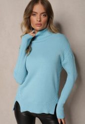 Jasnoniebieski Casualowy Golf z Bawełną i Wiskozą oraz Rozcięciami po Bokach Cialisea. Niebieskie swetry Renee, na zimę, l, bez wzorów, z bawełny, bez ramiączek. W wyprzedaży za 39.99 zł.