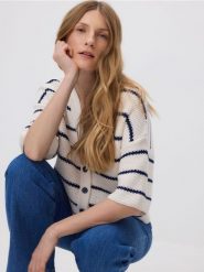 Kardigan w paski - kremowy. Białe swetry Reserved, l, bez wzorów, z bawełny, bez ramiączek. Za 139.99 zł.