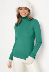 Ciemnozielony Golf w Klasycznym Stylu Tasfedi. Zielone swetry Born2be, m, bez wzorów, z jeansu, eleganckie, bez ramiączek. W wyprzedaży za 67.99 zł.